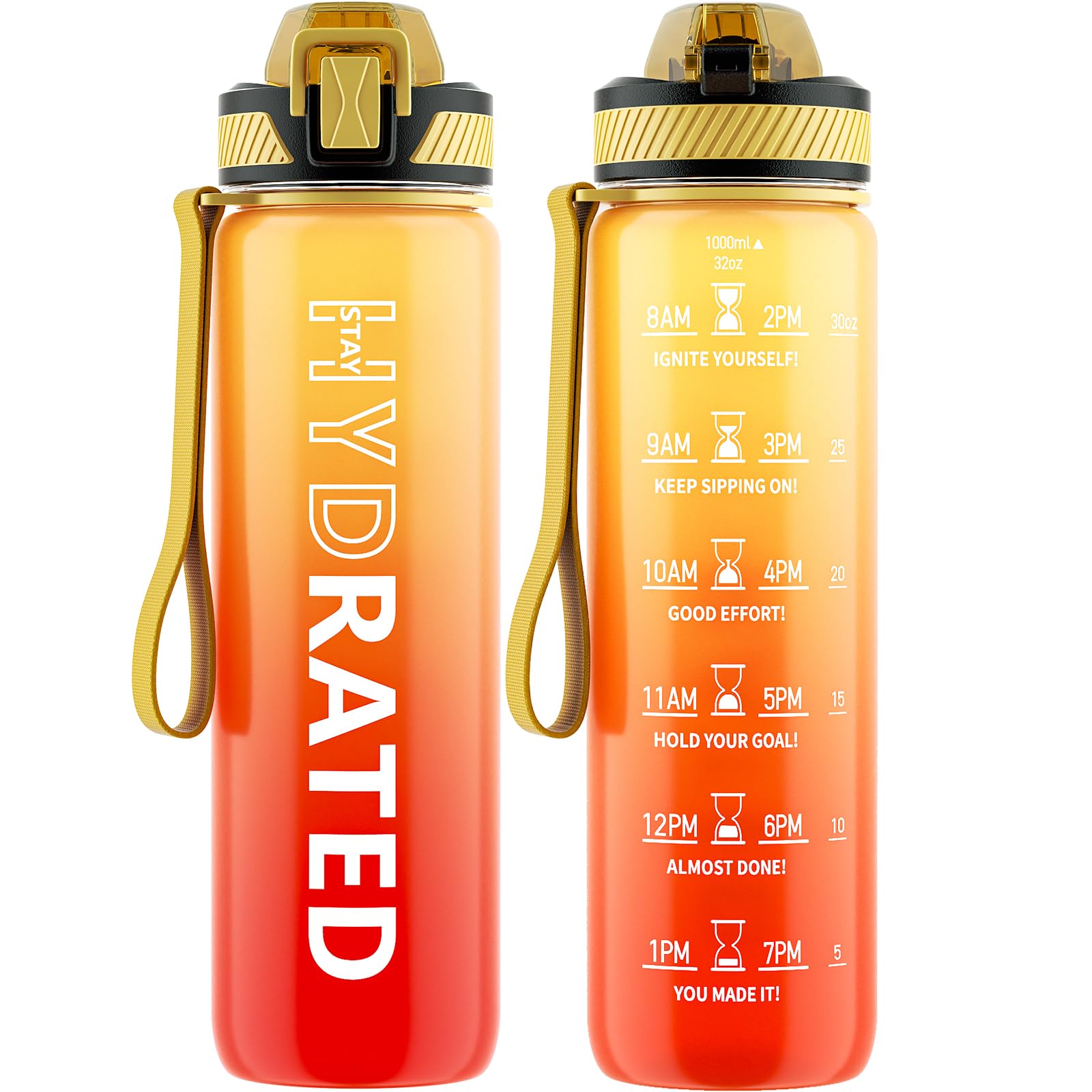 QLUR Water Bottle with Straw  32 oz Motivational Water Bottles with Time Marker to Drink  Tritan BPA Free  1L Sports Water Bottle with Carry Strap LeakProof for Women Men Gym Fitness Outdoor (1 Pack)